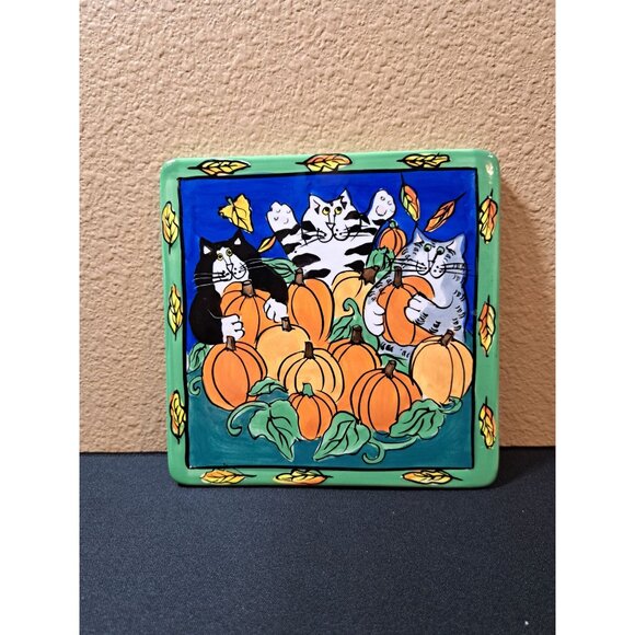 Candace Reiter Designs Catzilla Ceramic Plate Trivet Cats & Pumpkins 2002 - Picture 1 of 4